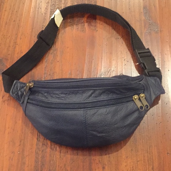 blue leather fanny pack